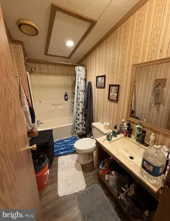 a bathroom with a double vanity sink toilet mirror and shower