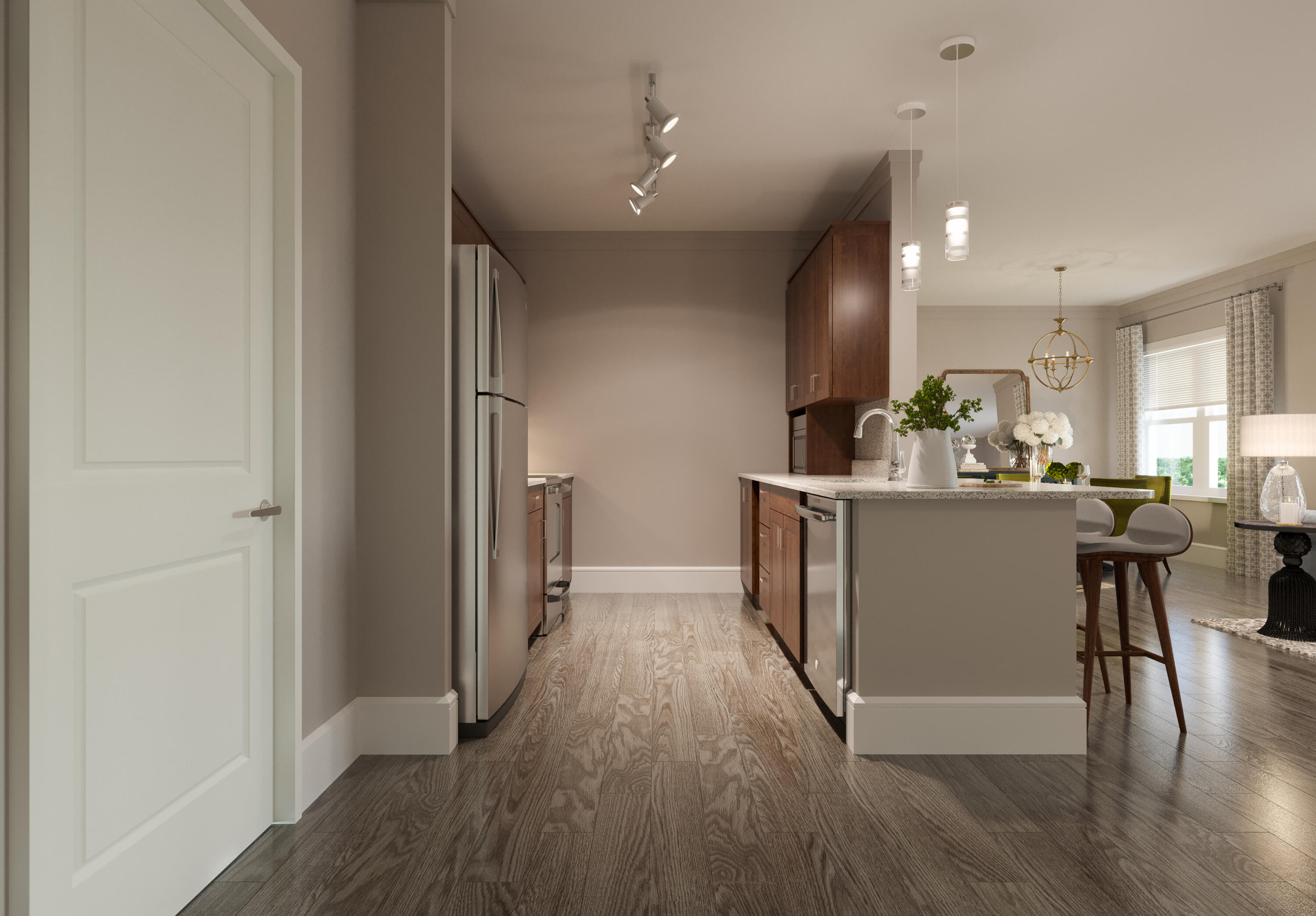 1916 Northwest Federal Highway, Unit 3106 Stuart, FL 34994 - Photo 7 of 26 a kitchen with stainless steel appliances granite countertop a refrigerator a sink dishwasher a stove and a dining table with wooden floor