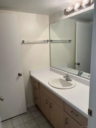 a bathroom with a sink and a mirror