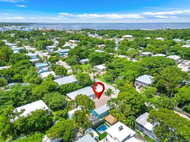 an aerial view of residential houses with outdoor space and trees