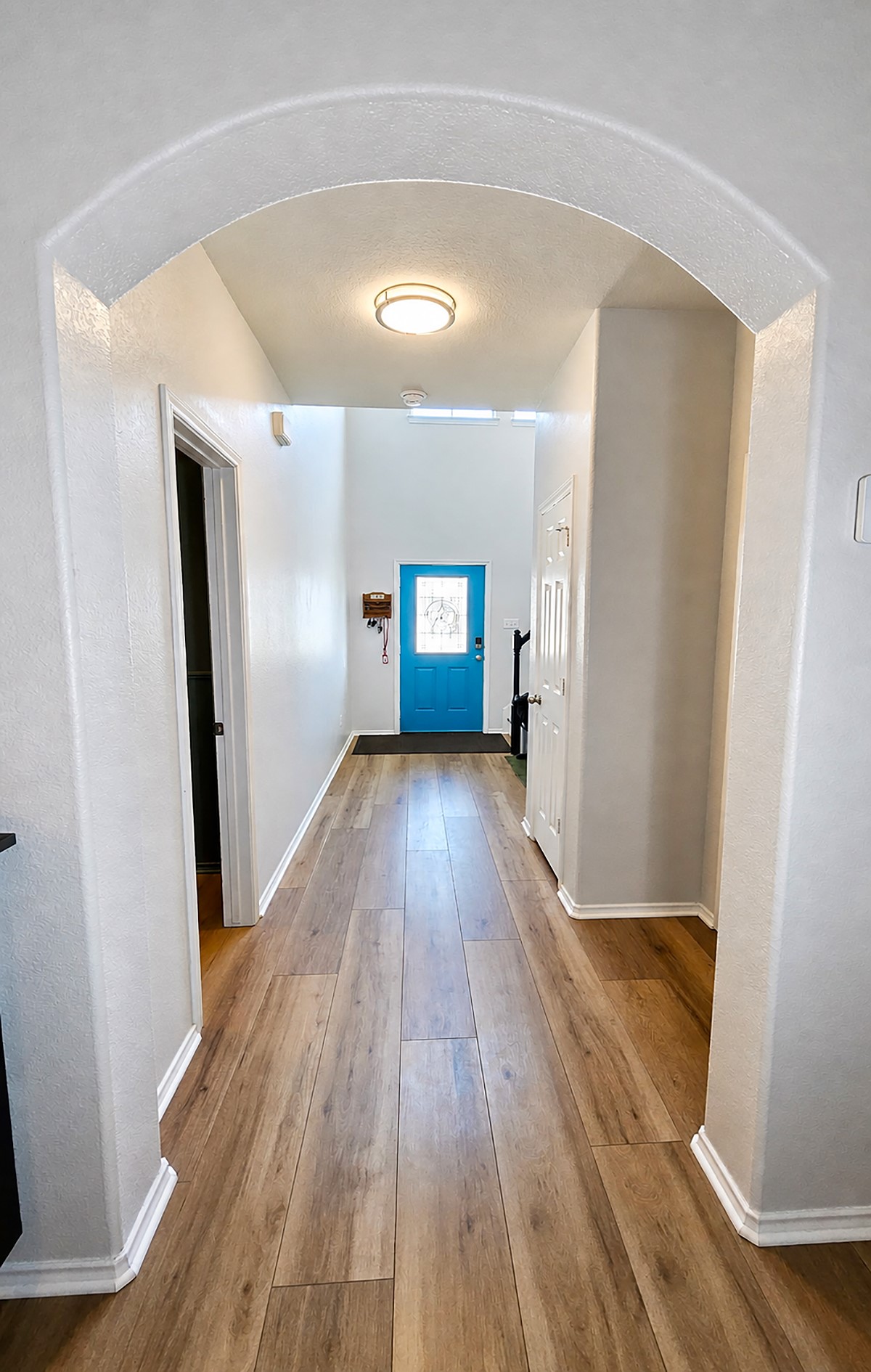 237 Bethann Drive Temple, TX 76502 - Photo 12 of 37 Inviting entryway featuring an arched doorway, wood-finish flooring, and a vibrant blue door with decorative glass
