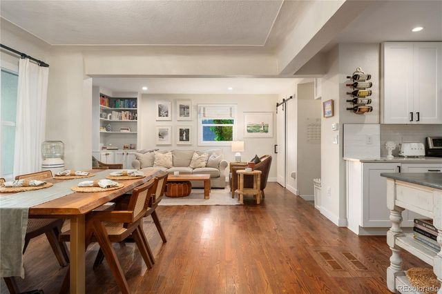 a view of a dining room with furniture and wooden floor