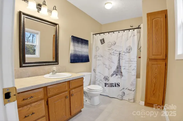 a bathroom with a sink a toilet and shower curtain