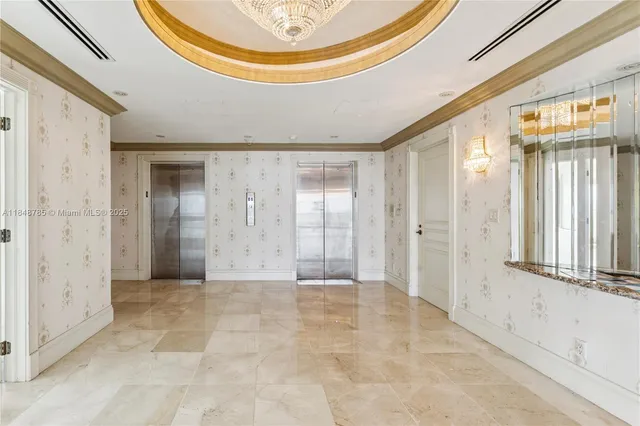 a view of a hallway with wooden shelves