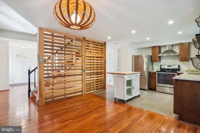 a kitchen with a refrigerator and a stove top oven
