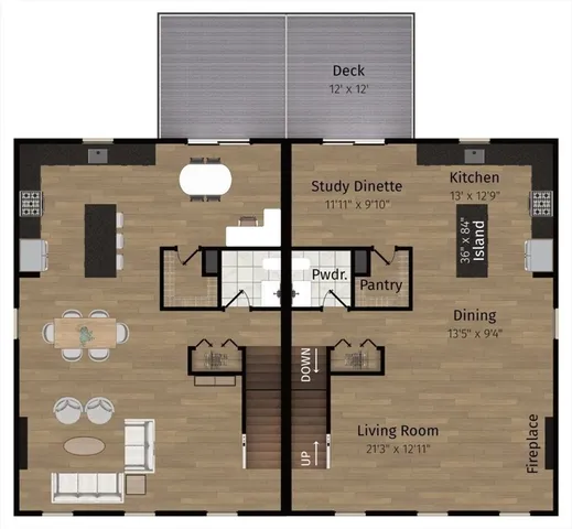 a room with a table chairs and a view of living room
