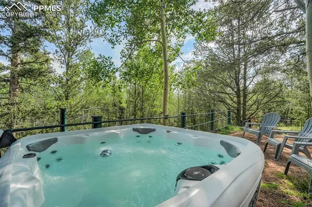 a view of a jacuzzi with a tree in the background