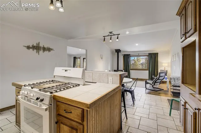 a open kitchen with stainless steel appliances kitchen island a stove a table and chairs