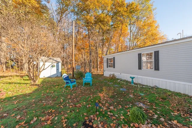 a backyard of a house with plants and large tree