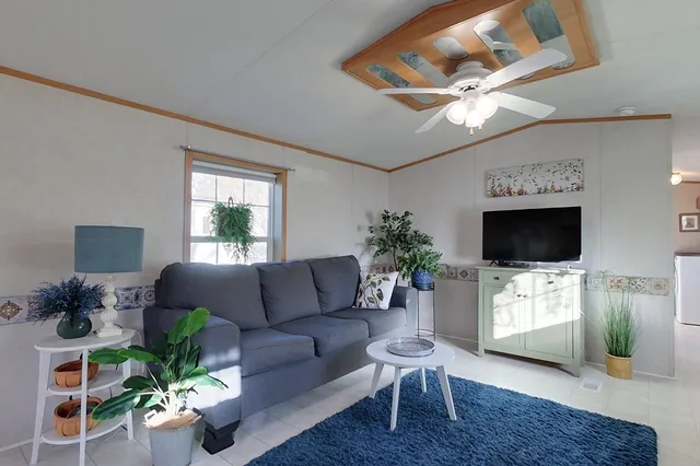 a living room with furniture a flat screen tv and a potted plant