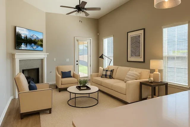 a living room with furniture a flat screen tv and a fireplace