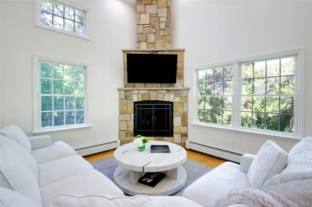 a living room with furniture a flat screen tv and a fireplace