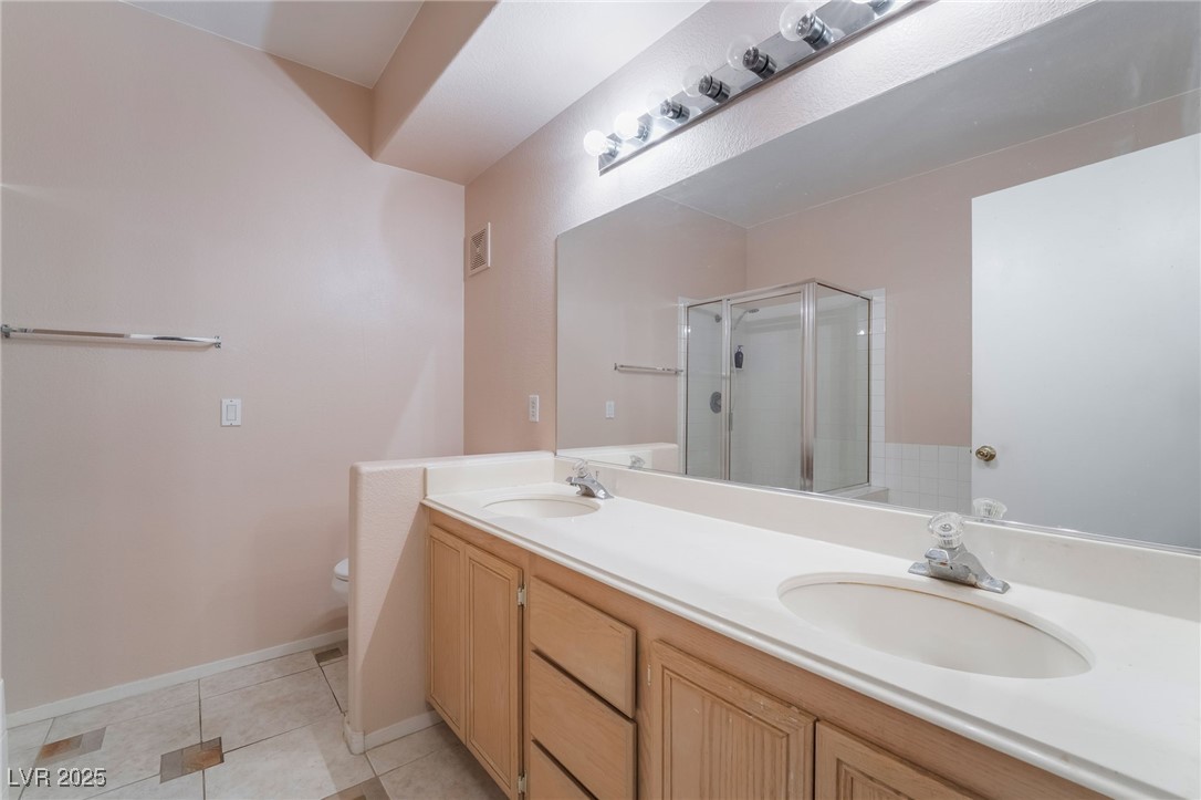2201 Ramsgate Drive, Unit 823 Henderson, NV 89074 - Photo 21 of 31 Bathroom featuring double vanity, a shower stall, toilet, and a sink