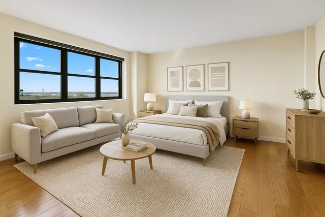 a bedroom with a large bed and a couch