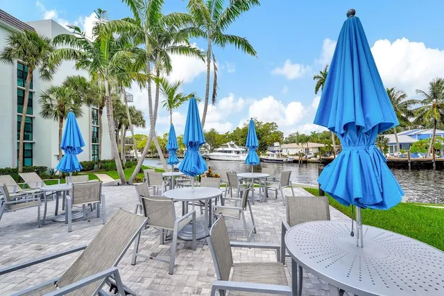 an outdoor space with patio furniture