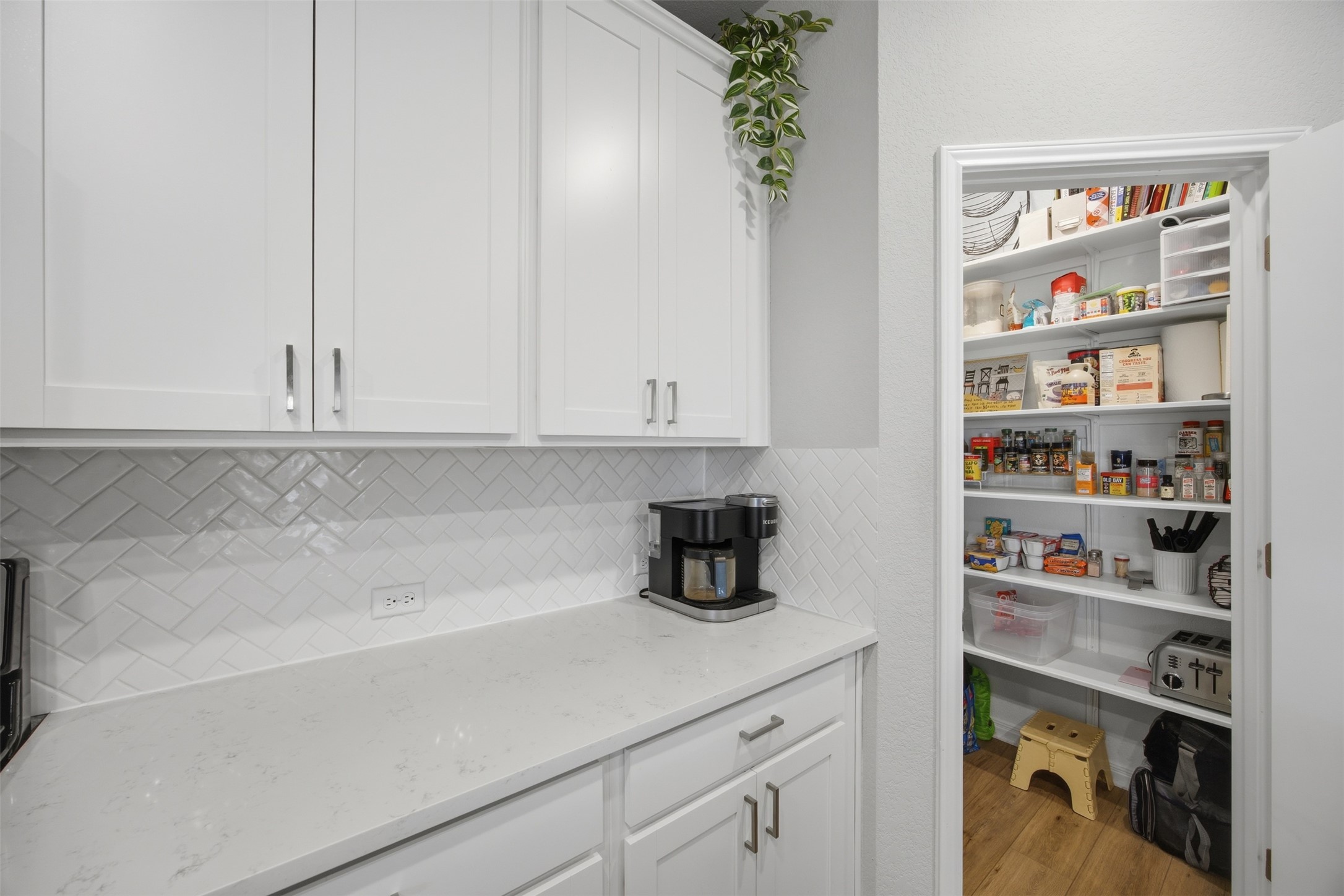 904 View Drive Georgetown, TX 78628 - Photo 11 of 40 a kitchen with white cabinets and a potted plant on the counter