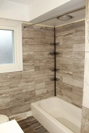 a bathroom with a bathtub