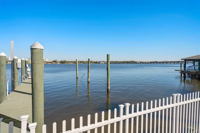 a view of a water with an outdoor seating
