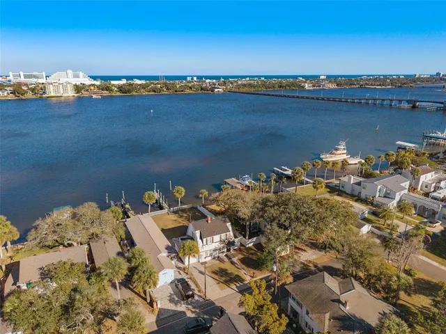 an aerial view of a building with outdoor space