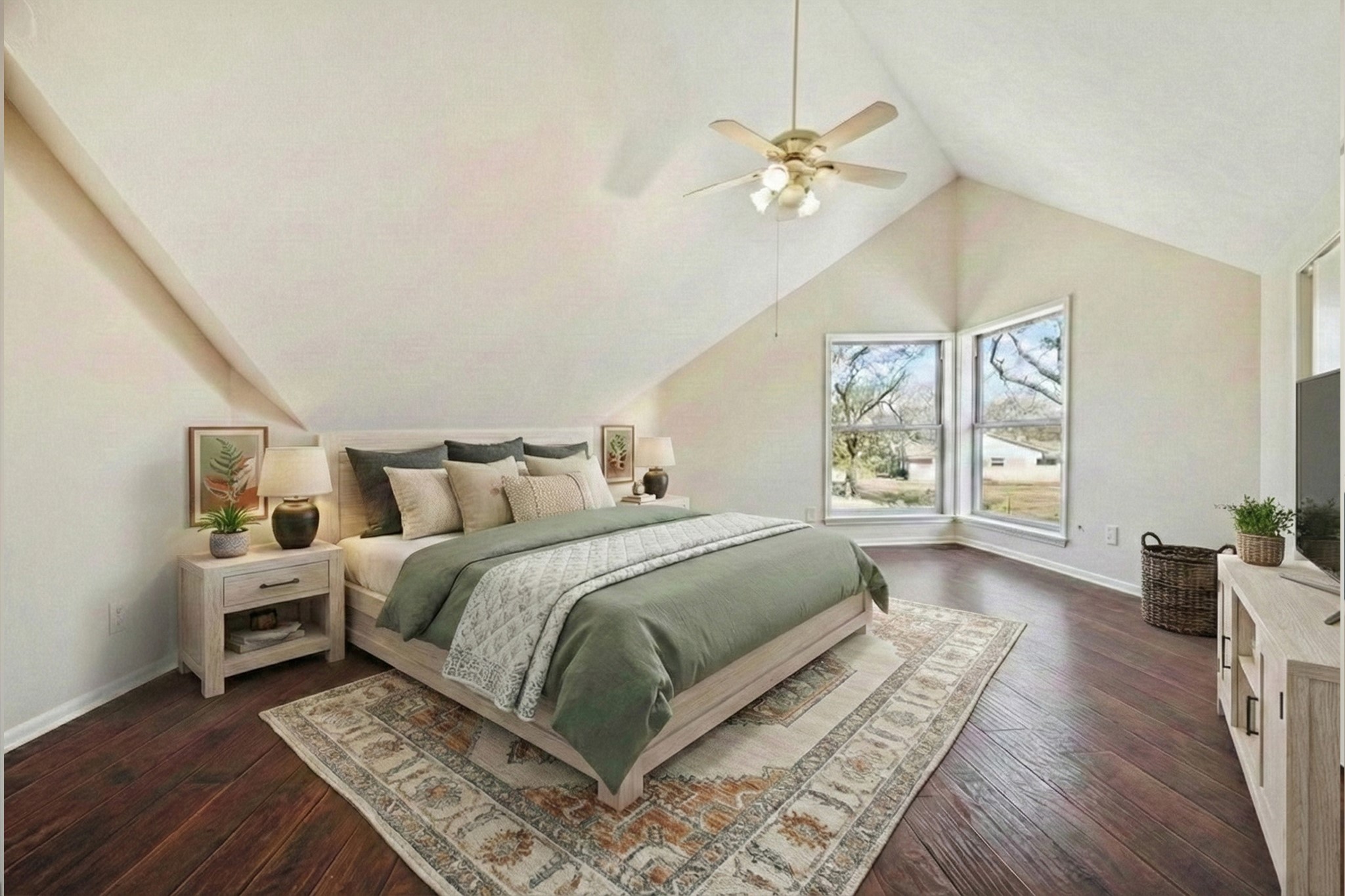 14311 Blidel Road Thompsons, TX 77469 - Photo 14 of 27 Large upstairs flex room with vaulted ceilings, new flooring, ceiling fan, and ample space for office, studio, or additional bedroom.