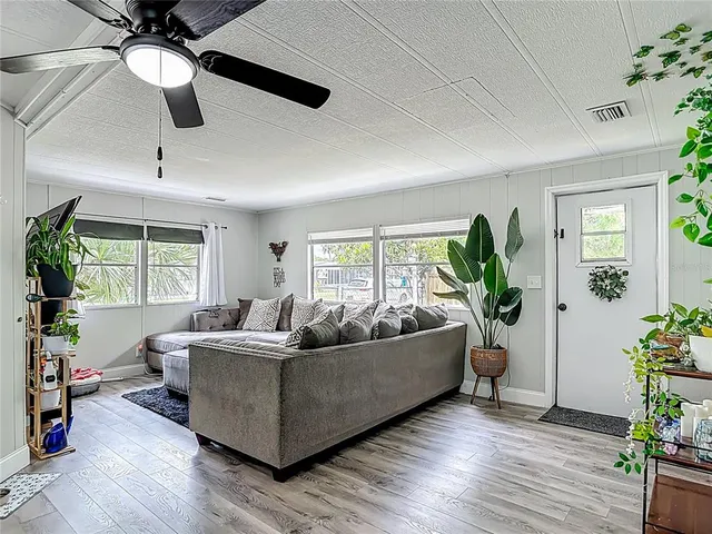 a living room with furniture and a potted plant