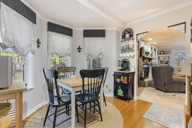 a view of a dining room with furniture