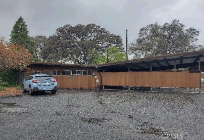 a car parked in front of a road with large trees