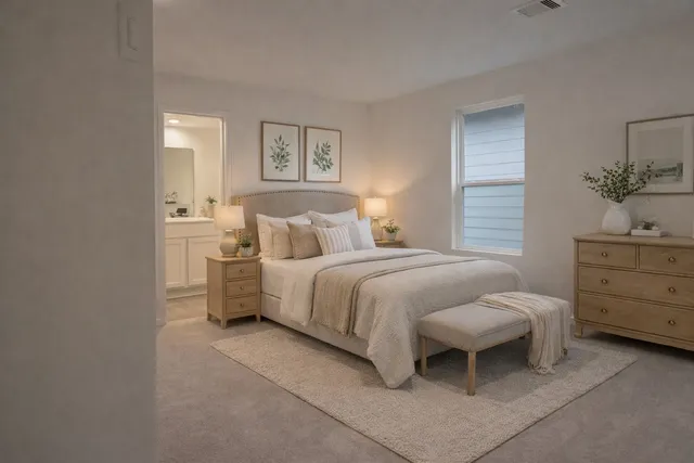 a bedroom with a bed and a night stand