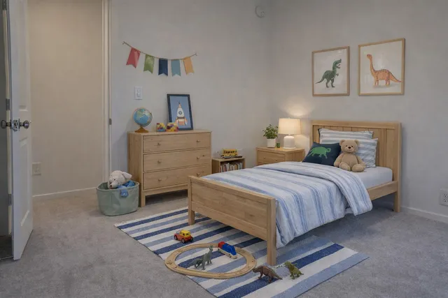 a bedroom with a bed and cabinets