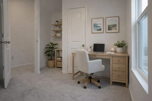 a view of a workspace with furniture and a window