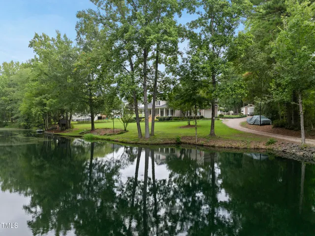 a view of a garden with a lake