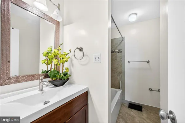 a bathroom with a sink a mirror and a shower