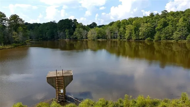 a view of a lake in between two chairs