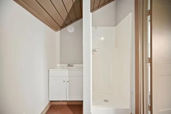 a bathroom with a shower and a sink