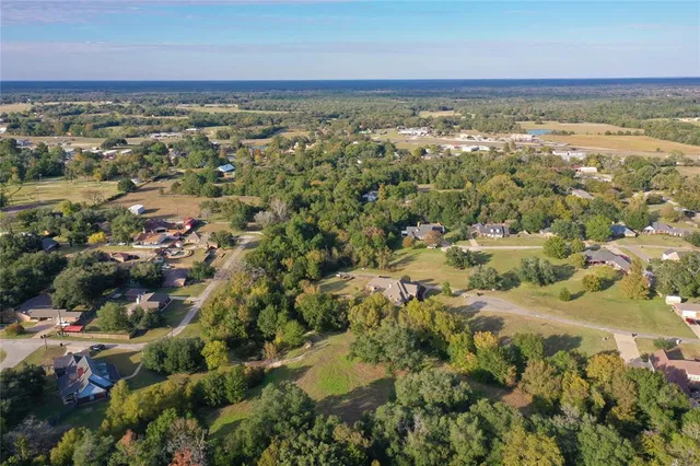 an aerial view of residential houses with outdoor space and trees