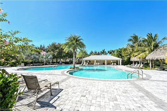 a view of a swimming pool with a patio and plants