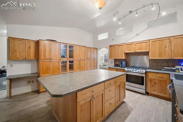 a kitchen with stainless steel appliances granite countertop a stove a sink dishwasher and a refrigerator