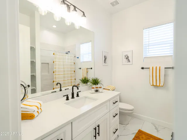 a bathroom with a sink a toilet and mirror