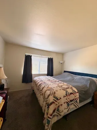 a bedroom with a bed and window