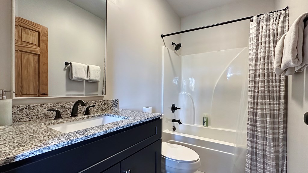 374 Prince Drive Morganton, GA 30560 - Photo 42 of 60 a bathroom with a granite countertop sink toilet a shower and a mirror