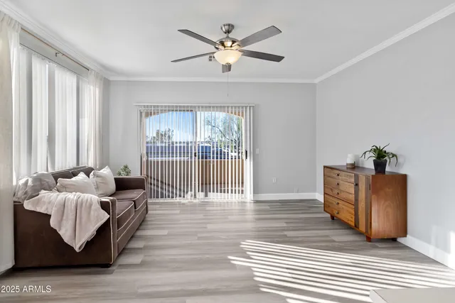 a living room with furniture and windows