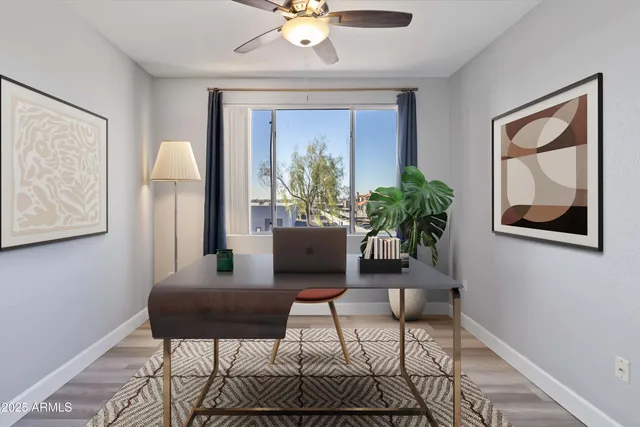 a living room with furniture and a potted plant