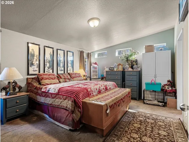 a bedroom with a bed and dresser with mirror