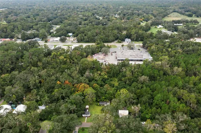an aerial view of residential houses with outdoor space and trees