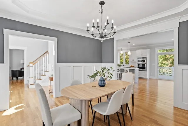 a view of a dining room with furniture wooden floor and chandelier