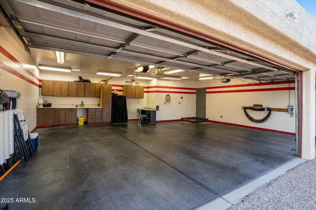 a view of a garage with wooden table
