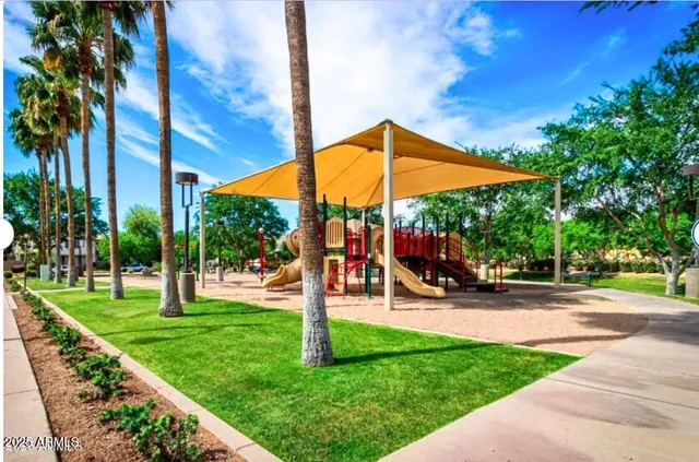 a view of a park with slide