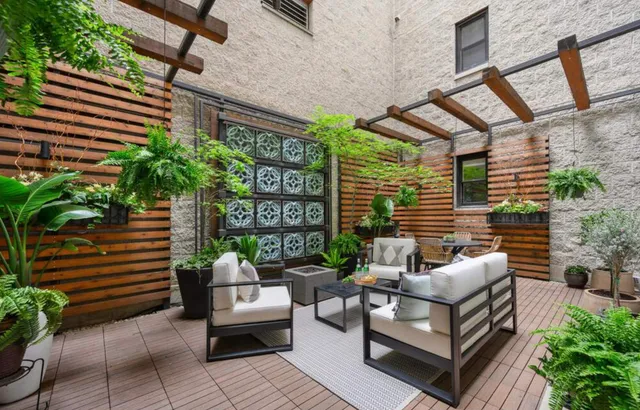 a building outdoor space with patio furniture