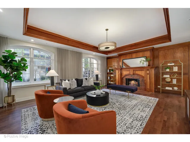 a living room with furniture a fireplace and a potted plant