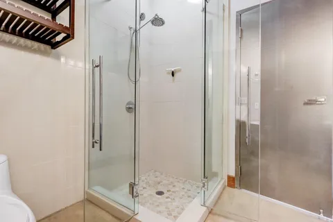 a bathroom with a shower and toilet